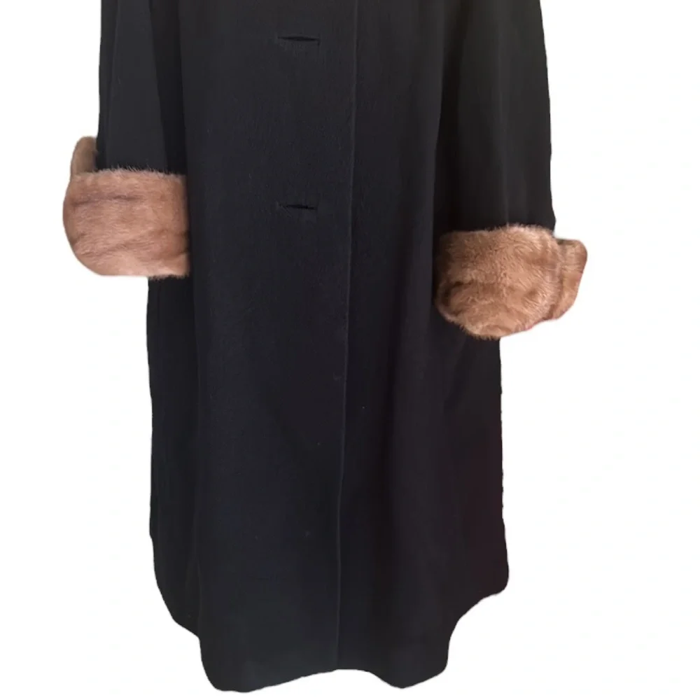 Vintage 60s Black Mink Long Fur Trim Collar Swing Coat Styled by Fenway - M